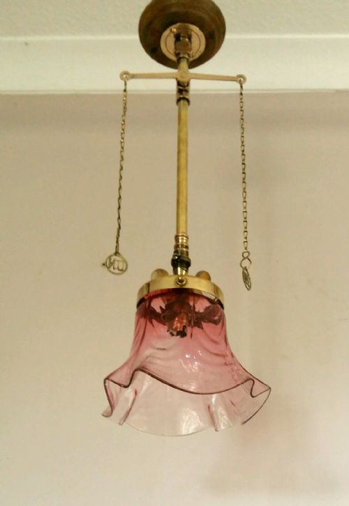 fig 2. Victorian C1870 Gas Ceiling Light Lamp Original Rippled Cranberry Shade