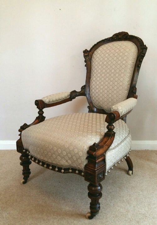 Victorian C1870 Carved Walnut Newly Upholstered Armchair