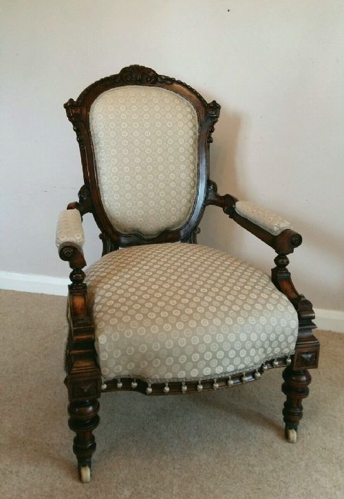 fig 1. Victorian c1870 Carved Walnut Newly Upholstered Armchair