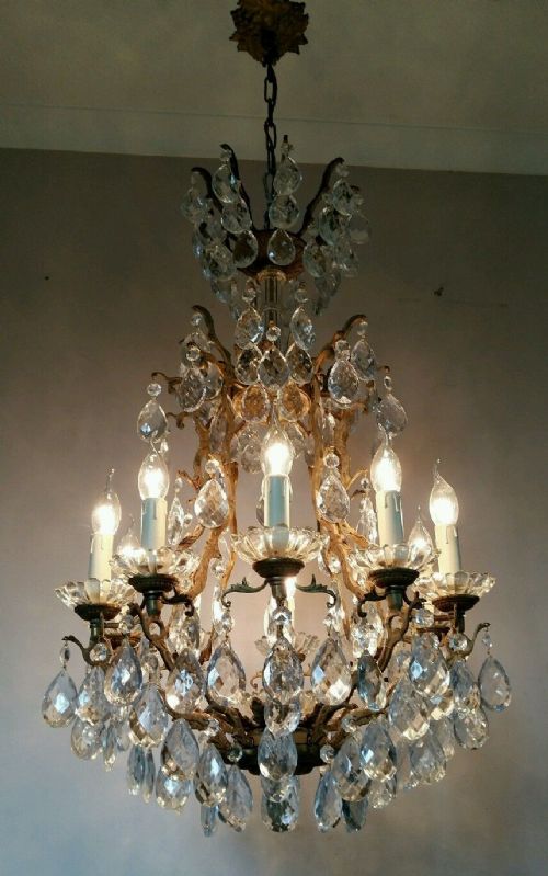 French 10 Arm C1870 Gilt Birdcage Crystal Candelabra Chandelier