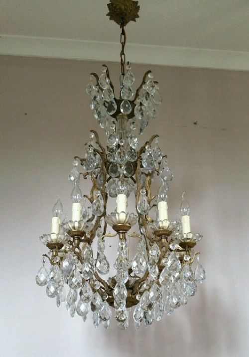 fig 1. French 10 Arm c1870 Gilt Birdcage Crystal Candelabra Chandelier