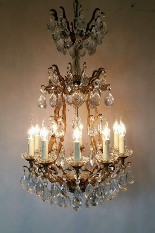 fig 2. French 10 Arm c1870 Gilt Birdcage Crystal Candelabra Chandelier