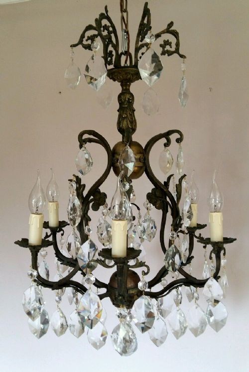 fig 1. c1930 6 Arms Birdcage Crystal Chandelier Fully Restored