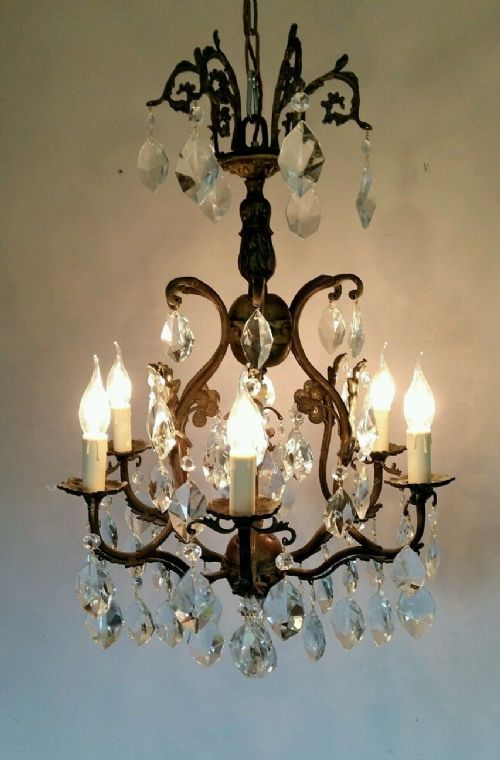 fig 2. c1930 6 Arms Birdcage Crystal Chandelier Fully Restored