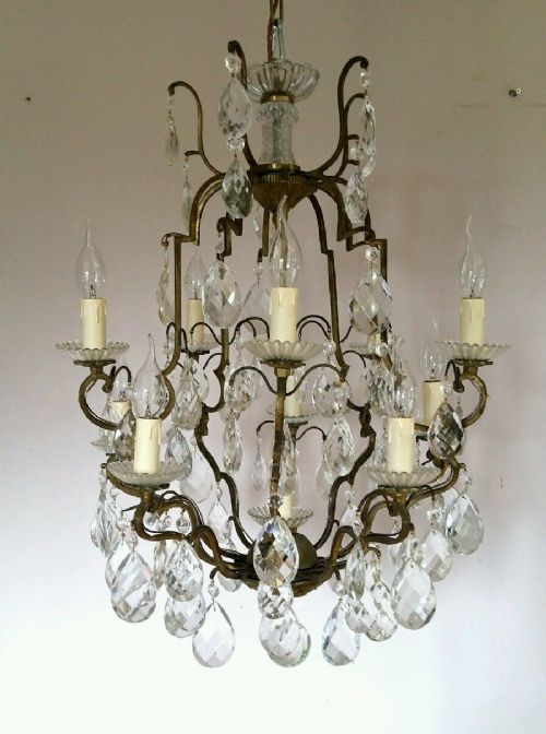 French 10 Arm Antique C1930 Gilt Birdcage Crystal Candelabra Converted Chandelier