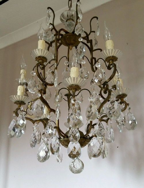 fig 1. French 10 Arm Antique c1930 Gilt Birdcage Crystal Candelabra Converted Chandelier