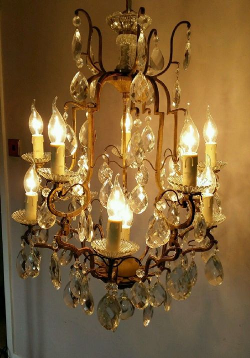 fig 2. French 10 Arm Antique c1930 Gilt Birdcage Crystal Candelabra Converted Chandelier