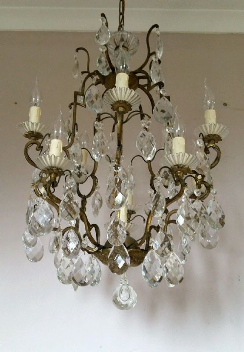 fig 3. French 10 Arm Antique c1930 Gilt Birdcage Crystal Candelabra Converted Chandelier