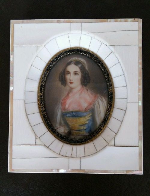 French C1860 Ivory & Mother of Pearl Framed Miniature Portrait