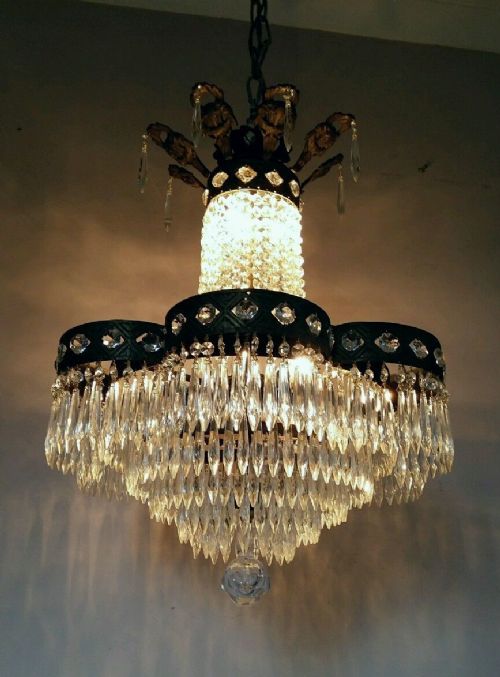 Waterfall Glass Icicles Gilt Brass Chandelier