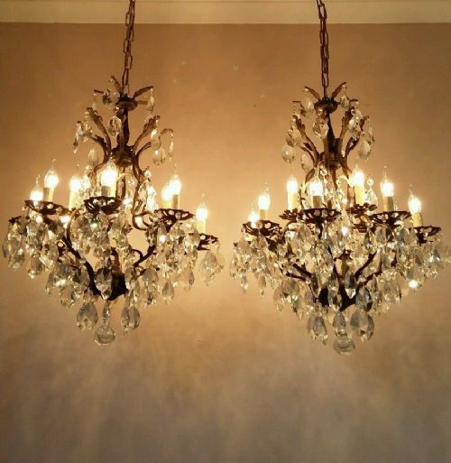 Pair of 2 Tiers 12 Arms Antique C1920 Crystal Chandeliers