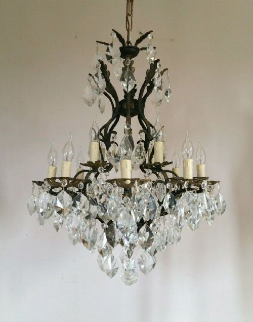 fig 1. PAIR of 2 Tiers 12 Arms Antique c1920 Crystal Chandeliers