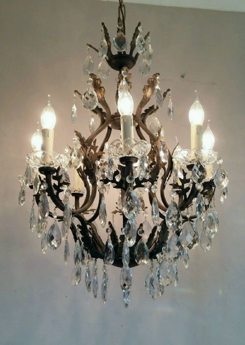 fig 1. c1920 Antique 8 Arms Birdcage Crystal Chandelier