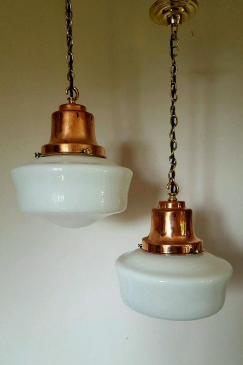 Pair of Edwardian Copper Opaline Chapel Ceiling Lamps