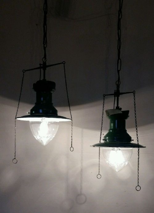 fig 1. Pair Converted c1880 Industrial Railway Station Enamel Ceiling Gas Lamps