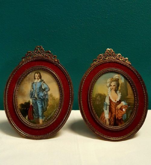 Pair C1900 French Miniature Signed Portrait Paintings Gilt Frame
