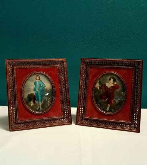 Pair C1910 Italian Miniature Signed Portrait Paintings Gilt Frame