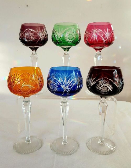 Bohemian Crystal 6 Harlequin Cut to Clear Heavy Hock Glasses with Zip Cut Stems