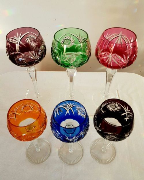 fig 1. Bohemian Crystal 6 Harlequin Cut to Clear Heavy Hock Glasses With Zip Cut Stems