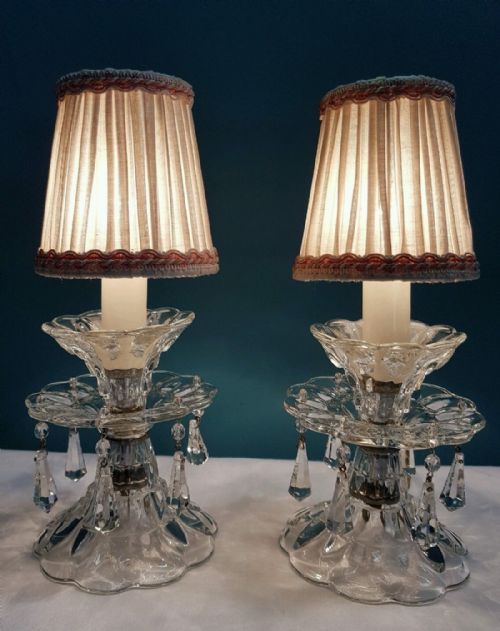 C1920 Pair French Crystal Table Lamps with Linen Shades Fully Rewired