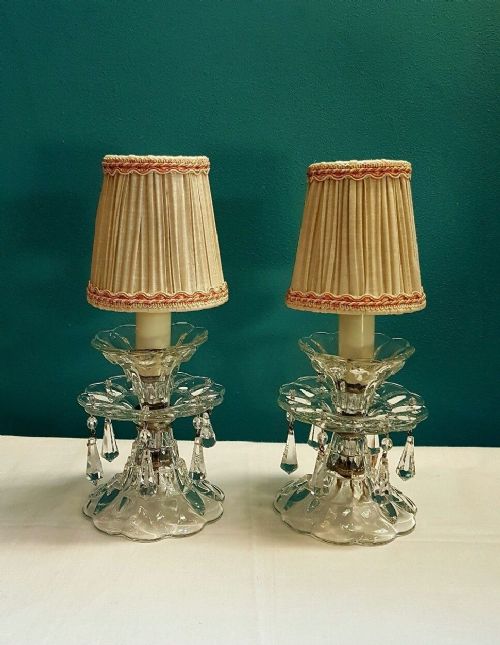 fig 1. C1920 PAIR French Crystal Table Lamps With Linen Shades Fully Rewired