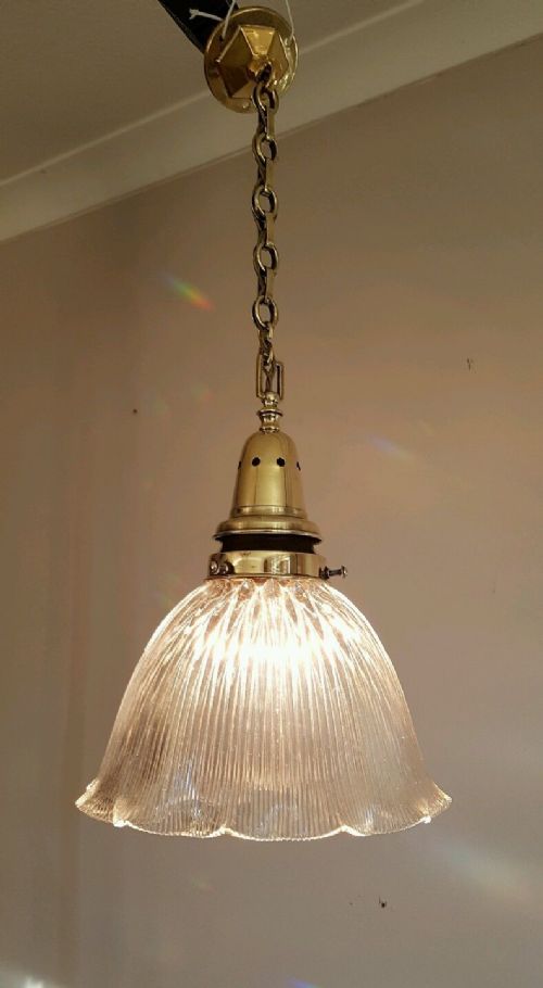 Large Original Holophane Ceiling Lamp Light with Original Gallery. Fully Rewired