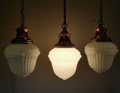 Set of 3 C1900 White Opaline Ceiling Lamps Lights Copper Galleries