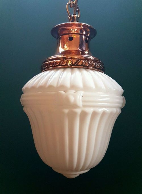 fig 1. Set of 3 c1900 White Opaline Ceiling Lamps Lights Copper Galleries