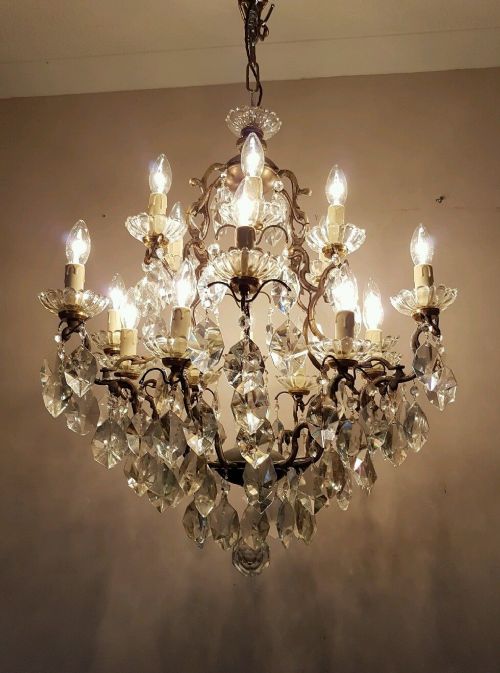 C1880 Birdcage 18 Arm Gilt Brass Crystal Chandelier