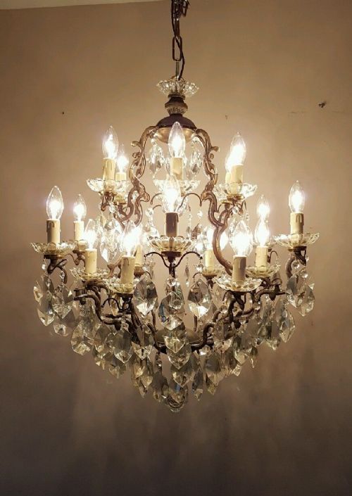 fig 1. c1880 Birdcage 18 Arm Gilt Brass Crystal Chandelier