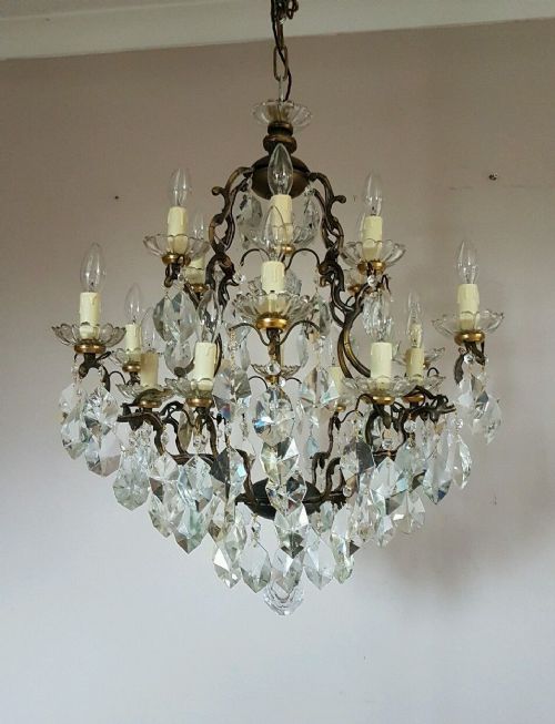 fig 2. c1880 Birdcage 18 Arm Gilt Brass Crystal Chandelier