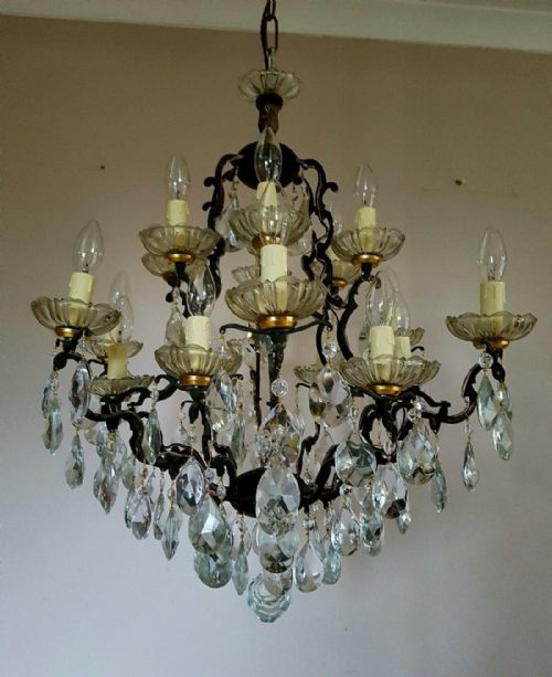 C1880 Birdcage 18 Arm Brass Crystal Chandelier