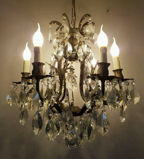 French C1900 Birdcage 6 Arm Brass Crystal Chandelier