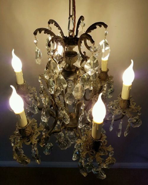 fig 1. French c1900 Birdcage 6 Arm Brass Crystal Chandelier
