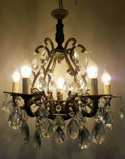 C1910 Antique Birdcage 5 Arm Gilt Brass Crystal Chandelier
