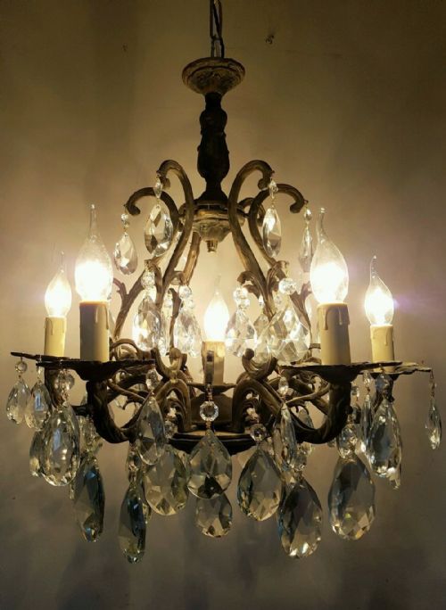 fig 1. c1910 Antique Birdcage 5 Arm Gilt Brass Crystal Chandelier