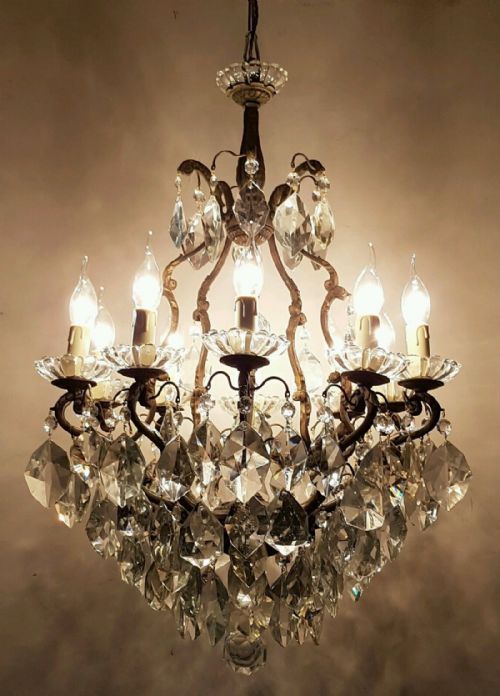French C1910 Antique Birdcage 10 Arm Gilt Brass Crystal Chandelier