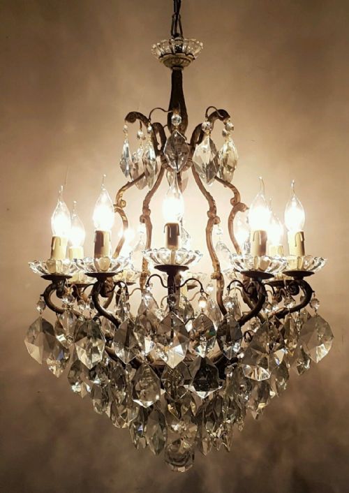 fig 1. French c1910 Antique Birdcage 10 Arm Gilt Brass Crystal Chandelier
