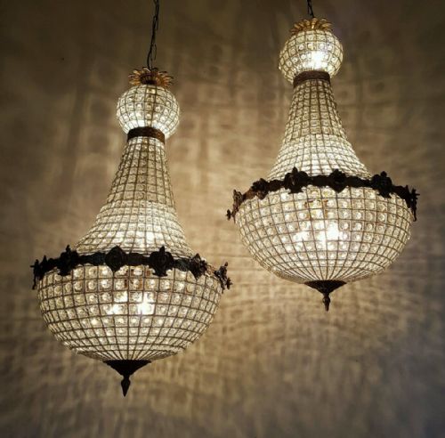 Pair of Large Empire Style 1920s Antique Basket Chandeliers