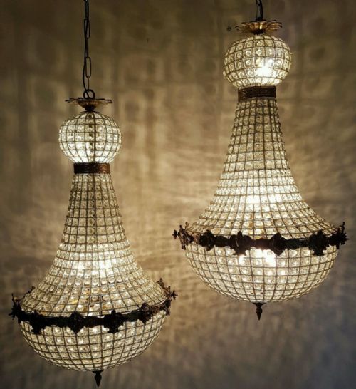 fig 1. Pair of Large Empire Style 1920s Antique Basket Chandeliers