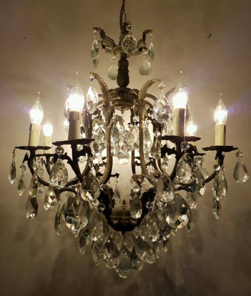 French C1920 Antique Birdcage 8 Arm Gilt Brass Crystal Chandelier