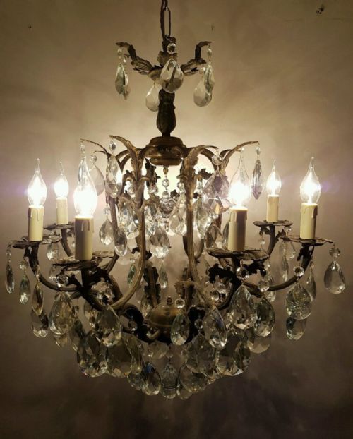 fig 1. French c1920 Antique Birdcage 8 Arm Gilt Brass Crystal Chandelier