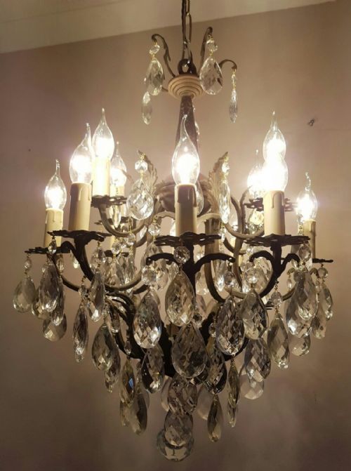 fig 1. c1910 Antique Birdcage 12 Arm Gilt Brass Crystal Chandelier