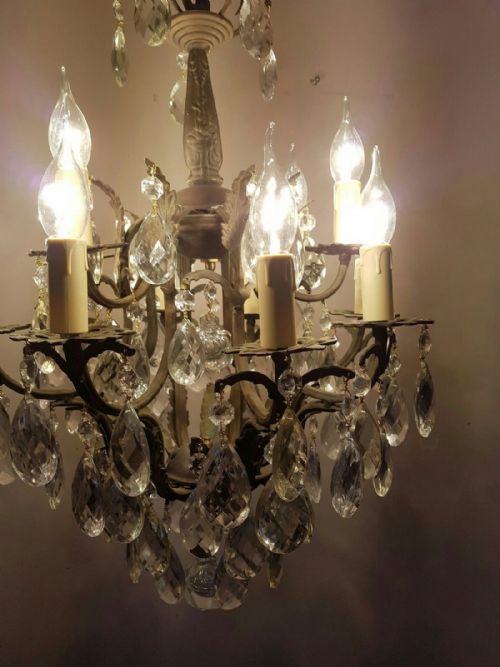 fig 2. c1910 Antique Birdcage 12 Arm Gilt Brass Crystal Chandelier