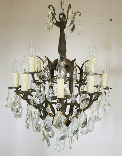 C1910 Antique Birdcage 12 Arm Gilt Brass Crystal Chandelier