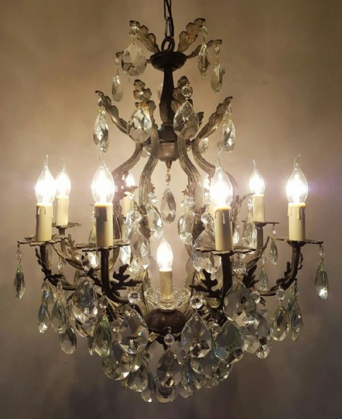 French C1910 Birdcage 8 Arm Gilt Brass Crystal Chandelier