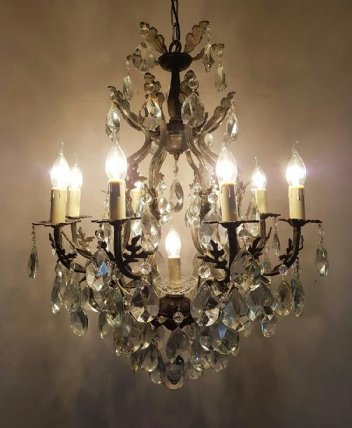 fig 1. French c1910 Birdcage 8 Arm Gilt Brass Crystal Chandelier