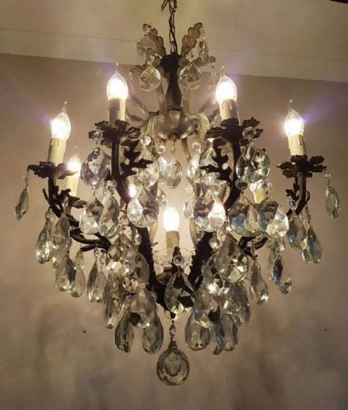 fig 2. French c1910 Birdcage 8 Arm Gilt Brass Crystal Chandelier