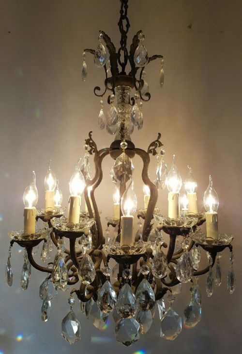 French C1910 Antique Birdcage 12 Arm Brass Crystal Chandelier