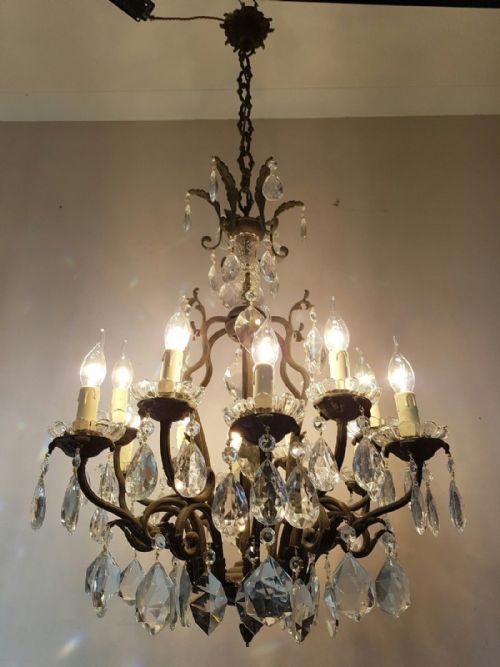 fig 1. French c1910 Antique Birdcage 12 Arm Brass Crystal Chandelier